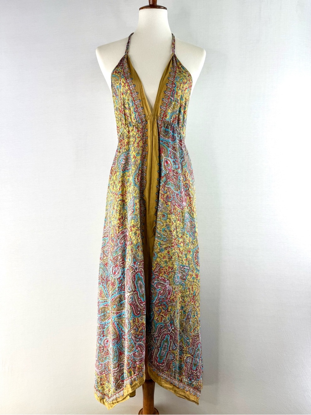 Sundance Silk Cotton Blend Bohemian Paisley Halter Maxi Dress